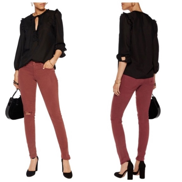 MOTHER Denim - MOTHER THE LOOKER BLOW OUT DYE BURGUNDY DARK RED DISTRESSED STRETCH SKINNY JEANS